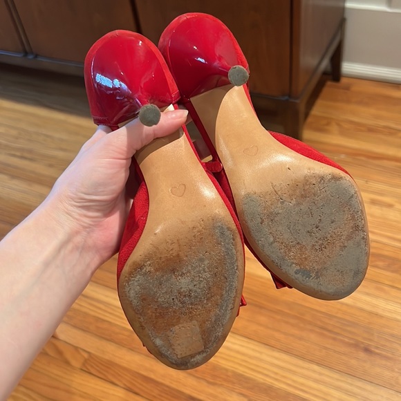 Moschino Red Suede Peep Toe Pumps - Picture 3 of 3